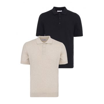 Set de tricouri din bumbac cu guler polo - 2 piese - Negru/Bej
