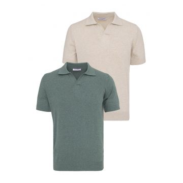 Set de tricouri din bumbac cu guler polo - 2 piese - Verde/Bej