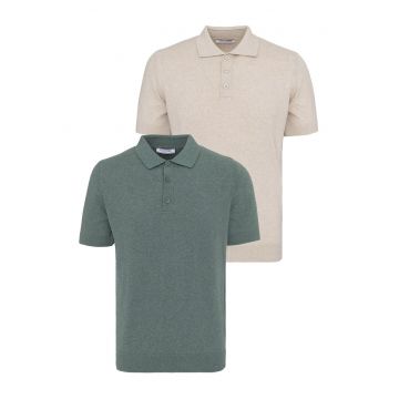Set de tricouri din bumbac cu guler polo - 2 piese - Verde/Bej
