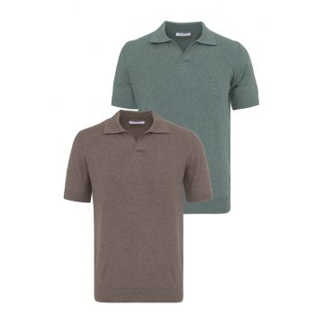 Set de tricouri din bumbac cu guler polo - 2 piese - Verde/Maro