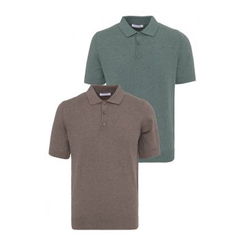 Set de tricouri din bumbac cu guler polo - 2 piese - Verde/Maro