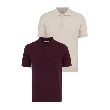 Set de tricouri din bumbac cu guler polo - 2 piese - Visiniu/Bej