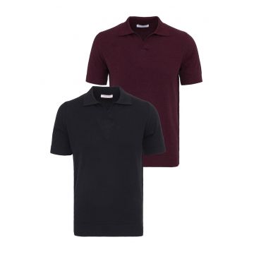 Set de tricouri din bumbac cu guler polo - 2 piese - Visiniu/Negru