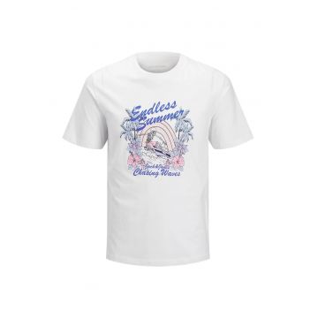 Tricou cu decolteu la baza gatului si imprimeu grafic - Alb optic