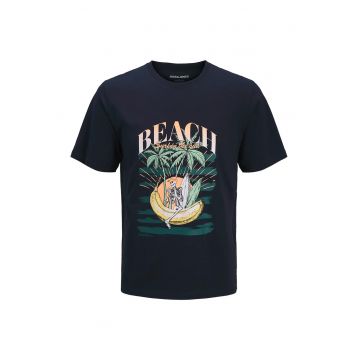 Tricou cu decolteu la baza gatului si imprimeu grafic - Bleumarin