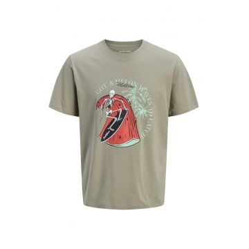 Tricou cu decolteu la baza gatului si imprimeu grafic - Kaki