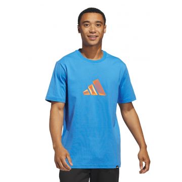 Tricou cu decolteu la baza gatului si imprimeu logo pe partea din fata - Portocaliu/Albastru deschis