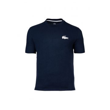 Tricou cu decolteu la baza gatului si logo - Albastru inchis