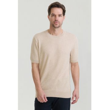 Tricou cu model uni si decolteu la baza gatului - Bej