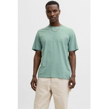 Tricou de bumbac cu decolteu la baza gatului si imprimeu logo discret - Verde deschis