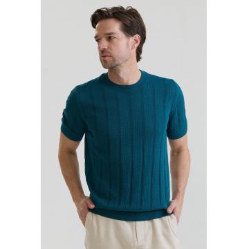 Tricou tricotat cu decolteu la baza gatului - Albastru petrol