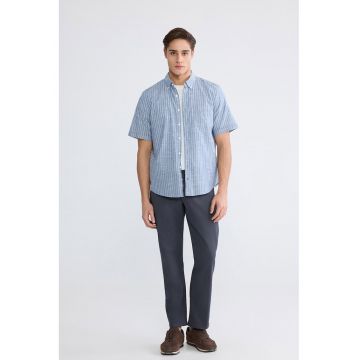 Camasa cu dungi si guler fixat cu nasturi - Bleumarin