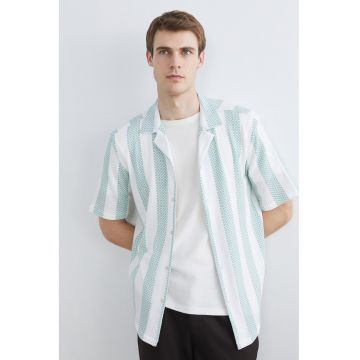 Camasa texturata cu dungi si maneci scurte - Alb/Verde deschis