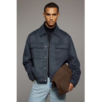 Jacheta din piele intoarsa ecologica cu fermoar si buzunare cu clapa - Bleumarin