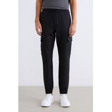 Pantaloni cargo slim fit cu terminatii elastice - Negru