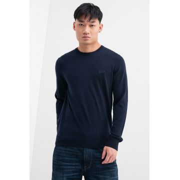 Pulover cu decolteu la baza gatului si logo - Bleumarin