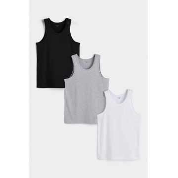 Set de topuri uni - 3 piese - Alb/Negru/Gri melange