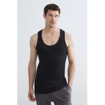 Top din amestec de bumbac cu spate decupat - Negru