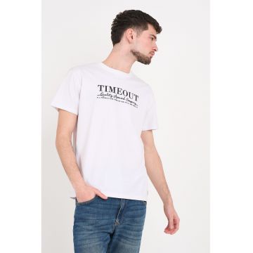 Tricou cu decolteu la baza gatului si imprimeu logo - Alb/Negru