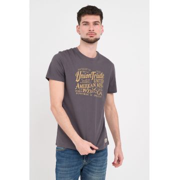 Tricou cu decolteu la baza gatului si imprimeu logo - Portocaliu persan/Gri inchis