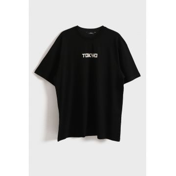 Tricou de bumbac cu imprimeu grafic pe spate - Negru