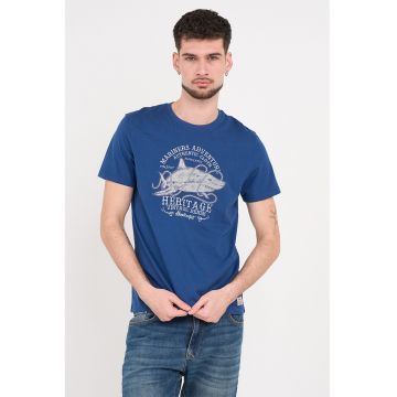 Tricou din bumbac cu design grafic si decolteu la baza gatului - Albastru inchis/Maro taupe deschis