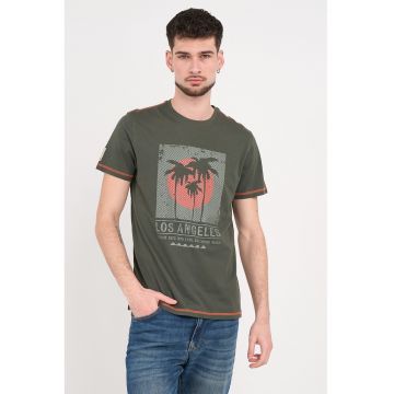 Tricou din bumbac cu imprimeu grafic si text - Coral/Verde pal/Kaki