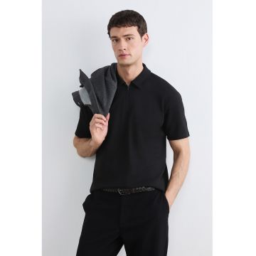 Tricou polo cu model uni si fenta cu fermoar - Negru