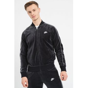 Bluza de trening cu fermoar si aspect de catifea - Alb/Negru