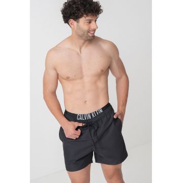 Pantaloni scurti de baie cu snur si banda logo - Negru