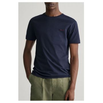 Tricou barbati  slim fit - logo contrastant - albastru - bumbac