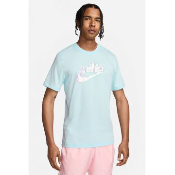 Tricou cu decolteu la baza gatului si logo - Albastru glaciar/Alb murdar