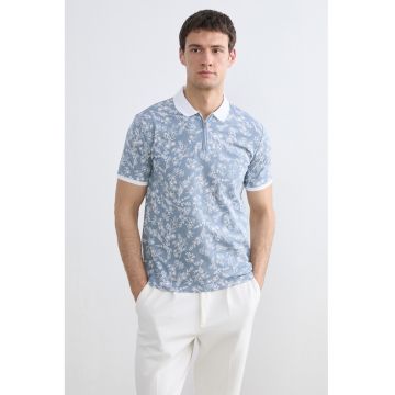 Tricou polo cu fermoar scurt si model floral - Alb/Albastru stins