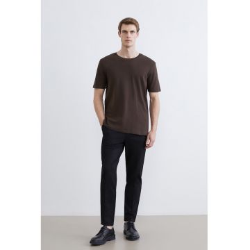 Tricou uni din bumbac cu decolteu rotund - Maro inchis