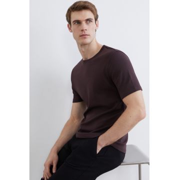 Tricou uni din bumbac cu decolteu rotund - Violet aubergine