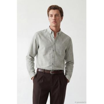 Camasa cu dungi si guler Oxford - Alb/Kaki