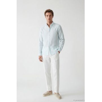 Camasa cu model in dungi si guler fixat cu nasturi - Alb/Albastru