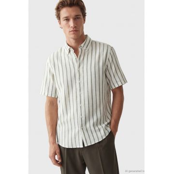 Camasa din amestec de bumbac cu dungi - Alb/Kaki