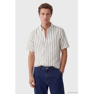 Camasa din amestec de bumbac cu dungi - Alb/Maro