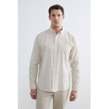 Camasa din amestec de in cu guler fixat cu nasturi - Bej