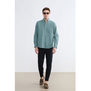 Camasa din amestec de in cu guler fixat cu nasturi - Verde