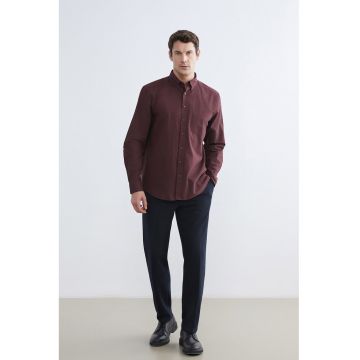 Camasa din amestec de in cu guler fixat cu nasturi - Violet pruna