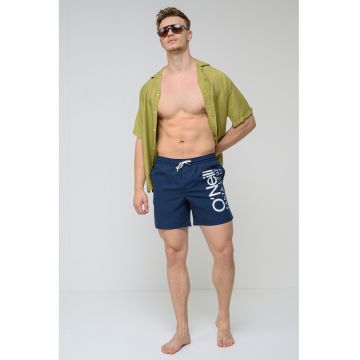 Pantaloni scurti de baie cu snur si logo - Alb/Bleumarin