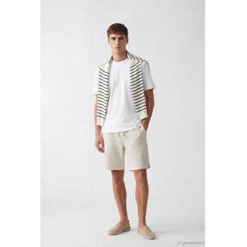 Pantaloni scurti de bumbac texturati cu snur - Crem