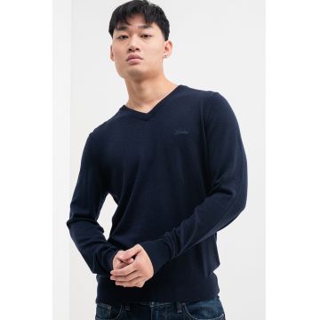 Pulover cu decolteu in V si logo - Albastru inchis