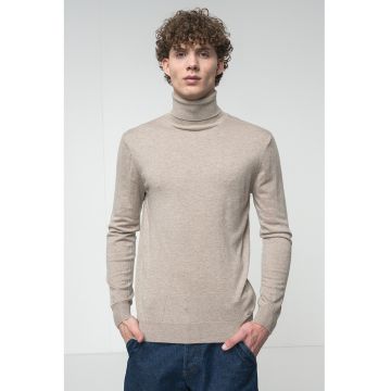 Pulover din amestec de lana cu guler inalt - Maro melange