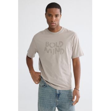 Tricou de bumbac cu imprimeu text - Maro taupe deschis