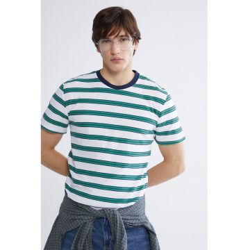 Tricou din bumbac cu dungi - Alb/Verde padure