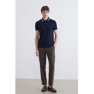 Tricou polo din amestec de bumbac - Alb optic/Bleumarin