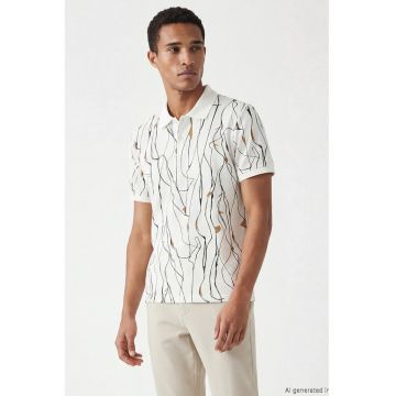 Tricou polo din bumbac cu imprimeu - Alb fildes/Negru